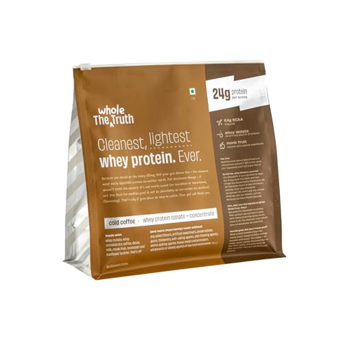 The Whole Truth Whey Protein Isolate+Concentrate | Cold Coffee 1 kg (2.2 lbs) | 24g Protein/Scoop | 6.6g BCAA | 100% Authentic Whey & No Adulteration | Clean, Light & Easy to Digest | Vegetarian