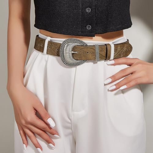 Yalice Women Western Belts for Jeans Brown Cowgirls Belt with Vintage Buckle Cowboys Country Leather Belt for Men2