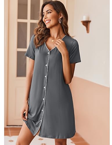 Ekouaer Nightgowns for Women 2 Pack Button Down Sleepshirt Short Sleeve Nightshirt Soft Sleepwear V Neck Pajama Dress3