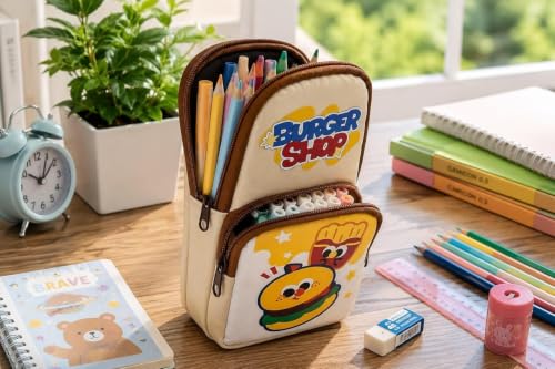 Image of Alokik Double Zipper Pencil Pouch for Kids | Large Capacity Stationery Organizer | Multi-Compartment Pencil Case for School, Office & Travel | Cute Food Theme Design (Burger Shop Pouch)