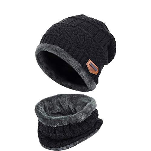 EDOTON Invierno Gorro de Punto con Bufanda, Calentar Sombreros Gorras Beanie de Punto per Hombres Mujeres (Negro)