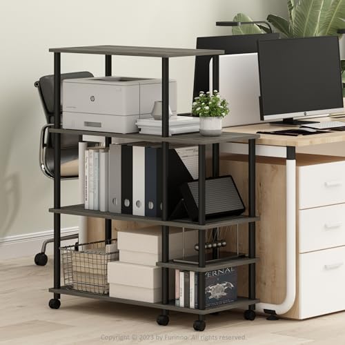 Furinno Turn-N-Tube 4-Tier Wide Toolless Multipurpose Printer Stand Display Storage Shelf with Wheels, French Oak Grey/Black - image 1