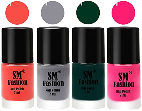 Image of Nail Polish Combo Set (Pack of 4) Quick Dry Gel Finish Nail Paint | Coral,Gray,Dark Green,Deep Pink | 7 ml Each