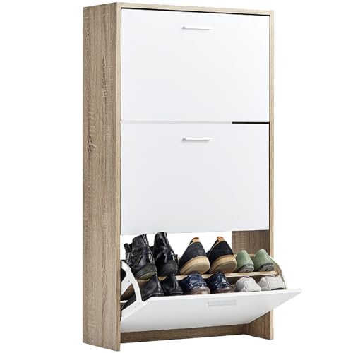 CASABEL - Mueble Zapatero de 18 Pares - Estantería de Gran Capacidad para vestíbulo o Pasillo - (Ancho) 60 x (Profundidad) 24 x (Alto) 113 cm - Madera Clara Blanca