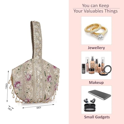 Image of Nevis Stylish Embroidery Unique Design Traditional Wedding Party Handheld Potli Bag for Women (Gold)