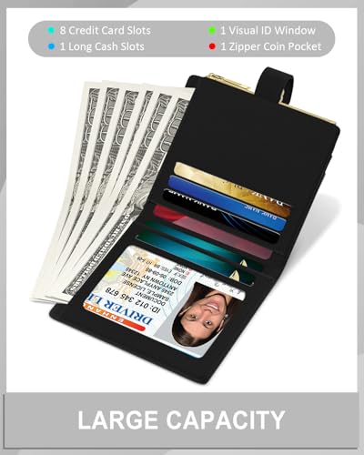 Womens Wallet, RFID Small Slim Wallets for Women, Compact Credit Card Holder, Cute Leather Bifold Ladies Purse with Zipper Coin Pocket and ID Window, Black3