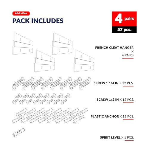 Image of French Cleat Hanger Kit 4 inch 4 Pairs 50 lb Z Hanging Heavy Picture Mirror Frame Wall Mounting Bracket Aluminum Hardware Duty Hooks Drywall Clips Large Canvas Painting Headboard Whiteboard