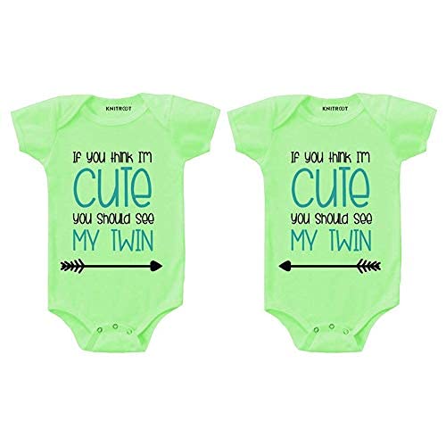 KNITROOTKnitroot Twins Romper, Unisex Baby Kids Onesies, Half Sleeve Bottom Snap Button, Green Cotton Bodysuit, Sleepsuit, If You Think I'm Cute You Should See My Twin, 0-3 Months, for Baby Boys & Girls