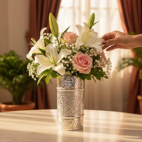 Image of Cylindrical Shape Aluminum Flower Vase for Home Decor, Traditional Embossed Metal Flower Pot for Office Table Decorations, Modern vases, Gift for Festival, 9 inches, German Silver