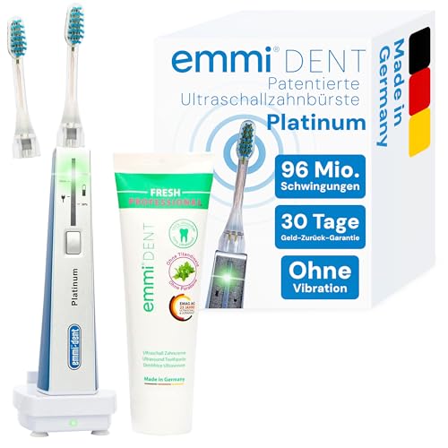 emmi-dent Platinum Ultraschallzahnbürste (Starter-Set Blau) – 96 Mio. Schwingungen & Ultraschall-Zahnpasta | Sanft zu Zähnen & Zahnfleisch | Kein Schrubben | Bis zu 15 Tage Akkulaufzeit