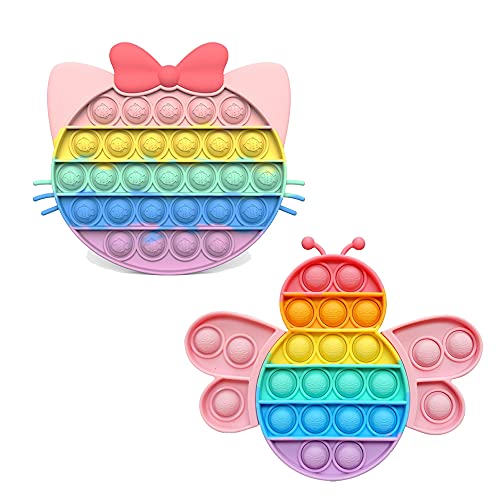 Easter 2 Packs Push Popper Pop Bubble Sensory Fidget Toys, Autism Special Needs Stress Relief Silicone Pressure Relieving Toys, Squeeze Toys for Kids Children Adults (Rainbow Bee & Cat)
