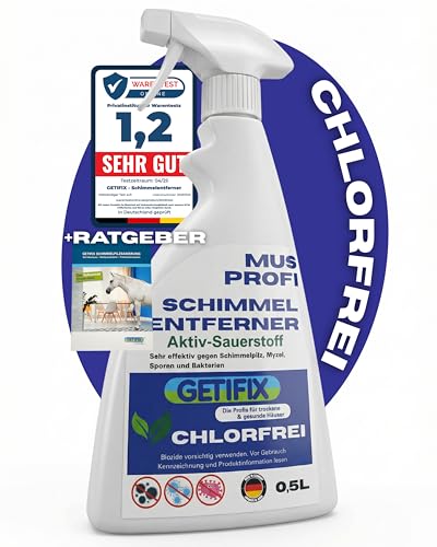 GETIFIX Schimmelentferner MuS PROFI - CHLORFREI und auf Basis von Aktivsauerstoff für Wand, Tapete, Bad, Fugen, Decke Boden und mehr im Innen und Außenbereich - 500 ml - Made in Germany