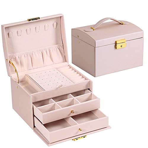 LEOSXA Caja de joyería grande PU Cuero Cajón Organizador Caja de joyería 3 capas Pendientes Anillo Collar Joyería Caja de Almacenamiento 04-rosa Cover