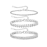 FNSIGHD 3 Pcs Mens Silver Bracelets,Stackable Cuban Link Bracelet, Sturdy Curb Stainless Steel Figaro Rope Bracelet,7-8 inch,Mens Personalized Fashion Jewelry Gifts for Dad Boyfriend Husband Son