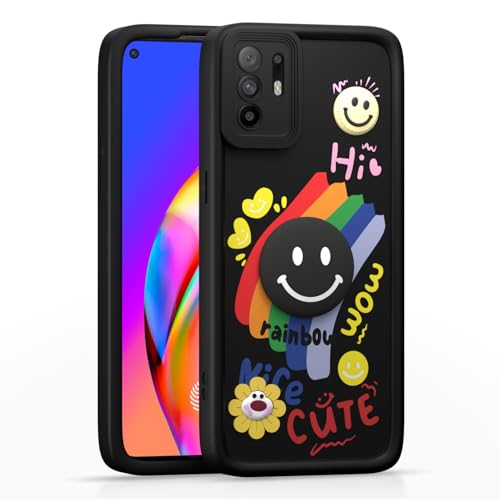 Image of Pikkme Back Cover for Oppo F19 Pro Plus 5G | Soft Silicone| Cute Rainbow Smile & 3D Cartoon Flower Design | Shockproof Raised Camera Protection Bumper Case (Black)