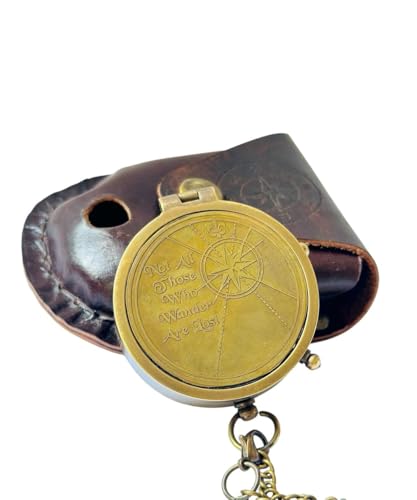 Brújula de Bolsillo de Latón Antiguo con Estuche de Cuero y Cadena miniatura 1