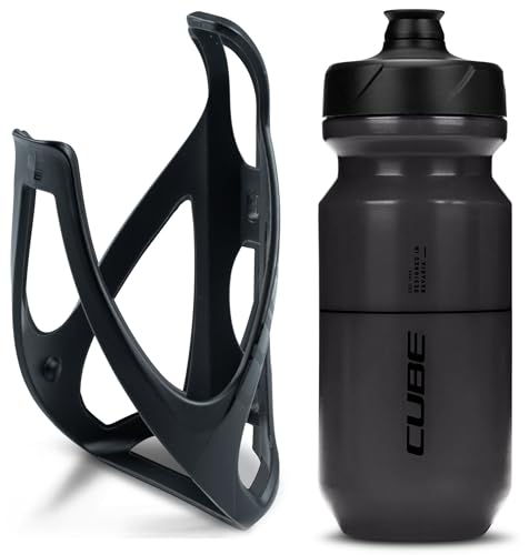 Cube HPP Cage - Stealth Black & Flow Bottle - Black, 500ml / Water Drink Flask Vessel Bidon Holder Mount Bracket Kit Lightweight Plastic Drinking Hydration Biking Bike Riding Frame Accessories