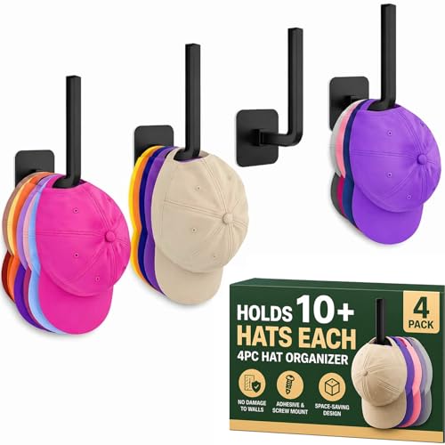 Hat Organizer 4 Pack, Hat Rack for Baseball Caps Holds 10+ Caps Each, Hat Hooks for Wall, Strong Adhesive & Screw Mount Hat Holder, Space Saving Storage for Closet Door Bedroom, RV Accessories, Black