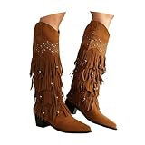 LDXEQIZ Botas Vaqueras Western Retro For Mujer con Flecos Boots Altas hasta La Rodilla con Punta Fina Y Tacón Cuadrado Botas De Montar con Remaches Zapatos Sin Cordones De Caña Ancha(Brown,36 EU)