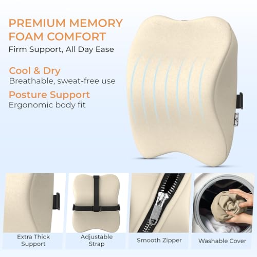 Image of CareFoam Memory Foam Car Neck Pillow for Driving Comfort - Ergonomic Headrest Cushion for Neck & Spine Support - Adjustable Strap, Breathable Washable Cover, Ideal for Long Drives | Beige Velvet
