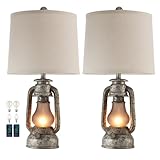 RORIANO Farmhouse Rustic Table Lamps for Living Room Set of 2, Vintage Lantern Table Lamp with Dual USB Ports, Retro Nightstand Lamp for Bedroom Bedside, 4 Bulbs Included (Iron Gray)