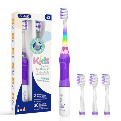 SEAGO Kids Electric Toothbrush with 2 Mins Brushing Timer and 4 Replacement Bursh Heads,Rainbow LED Light Make Brushing Fun, Purple Color Girls Battery Powerd Toothbrush for 4-12 Years Old，SG-977