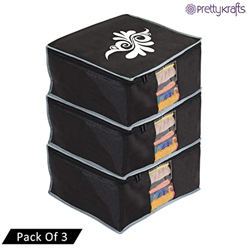 Image of PrettyKrafts Large Saree Cover With Creative Prints, Wardrobe Organiser, Clothes Cover & Storage, Zip Closure and Transparent Window | Clothes Storage Bag | Set of 3, Black | Size: 40 x 35 x 20 cm