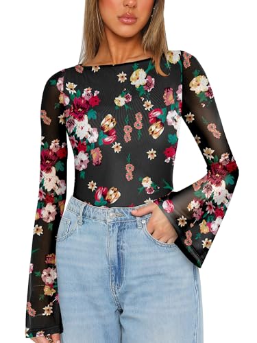 Prinbara Womens Bell Long Sleeve Tops Mesh Floral Boat Neck Double Lined Sheer Night Out Date Skinny Shirts 2025 Fall Clothes