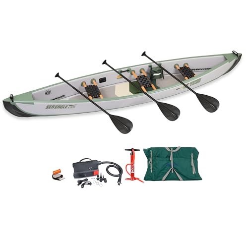 Sea Eagle TC16 Inflatable 16’ High Pressure Drop Stitch Travel Canoe-Wood Web Seats, Pump, Bag and...