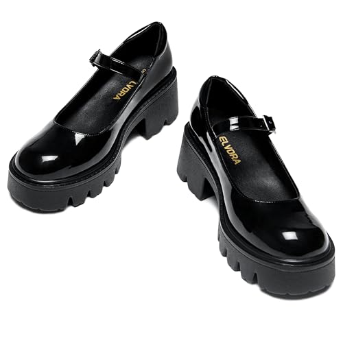 Elvora Women's Mary Jane Shoes - Platform Mary Janes for Women & Girls, Black Leather Round Toe Chunky Dress Shoes with Adjustable Ankle Strap