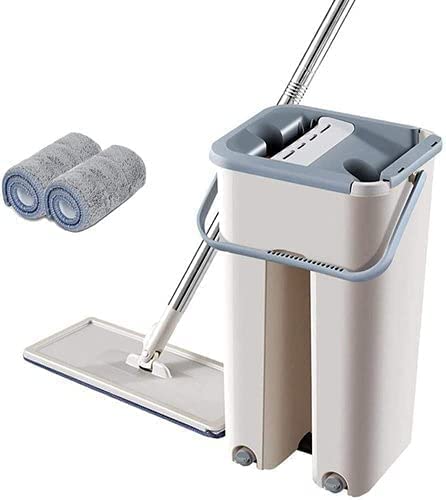 Microfiber Flat Mop with Squeeze Bucket | Hands Free Floor Cleaning Mop with Self-Wringing System | Stainless Steel Handle, 2 Reusable Microfiber Pads | Wet & Dry Mop for Home | White Grey-image-24