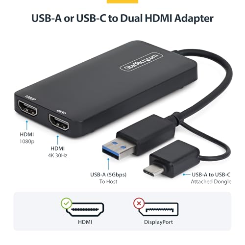 Image of StarTech USB-A and USB-C to Dual HDMI, 4K30 + 1080p, Mac Windows ChromeOS