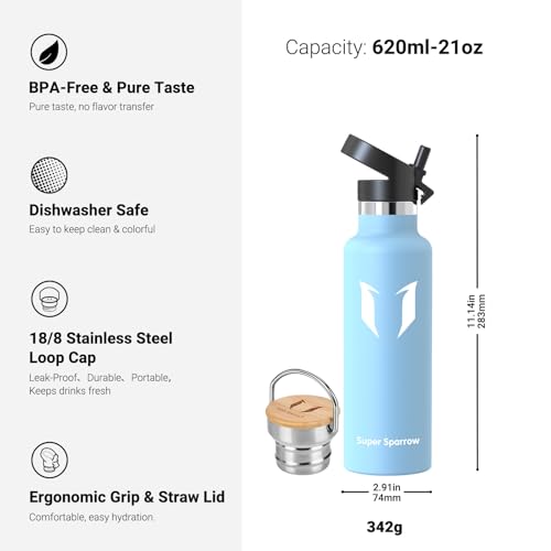 Super Sparrow Trinkflasche Edelstahl -620ml- Auslaufsicher Thermoskanne, BPA-Frei Wasserflasche - Kohlensäure Thermosflasche für Kinder, Sprudel, Sport, Schule, Fitness, Outdoor, Camping