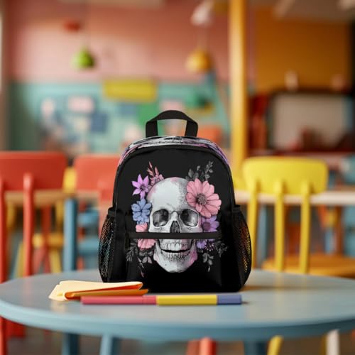 Retro Skull Flowers Kids Backpack for Boys Girls, Waterproof Lightweight Toddler School Bag with Chest Strap, Small Travel Book Bag Preschool Kindergarten Backpack3