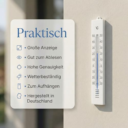 Lantelme Gartenthermometer Temperaturanzeige -30°C bis +50°C Analog | Wetterfest 17cm Kunststoff Farbe Weiß | Thermometer für Zimmer Innen Außen Garten | Außenthermometer Innenthermometer (WS-SW)