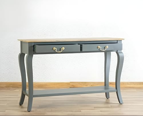 Image of Wooden Console Table with 2 Drawers, Natural Wood Top, Curved Legs, Entryway Sofa Table, Sheesham Wood Study Table with Shelf Storage, 46Lx17Wx30H Inches. (Cool Grey)