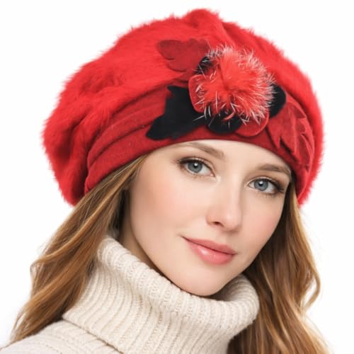 VECRY Lady French Beret 100% Wool Beret Floral Dress Beanie Winter Hat (Angola-Red)