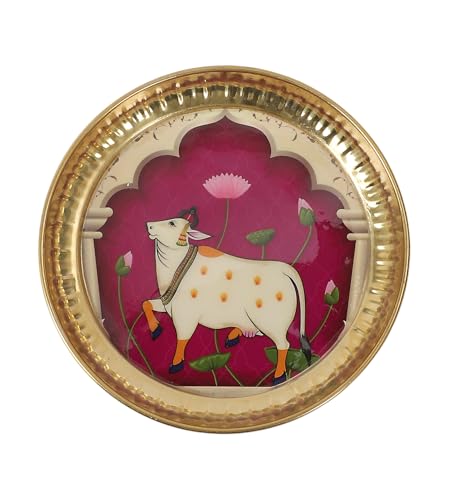 Image of Two Moustaches 6 Inches Kamdhenu Cow Design Brass Pooja Thali, Puja Aarti Thali for Home Temple, Gifts for Puja Ceremony, Brass Pooja Plate, Decorative Thali, Multicolored, Pack of 1