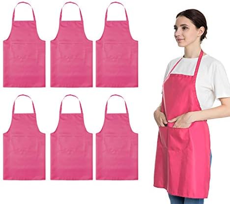 LOYHUANG Pink 6PCS Apron for Women Adult Unisex Durable with 2 Front Pockets Washable Chef Cooking Baking Kitchen Restaurant Crafting Painting Aprons
