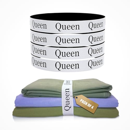 Bed Sheet Organizer Bands for Linen Closet, Sheet Keepers and Sheet Labels for Bedding, Labeled Elastic Bedding Strap for Foldable Bedsheets, Bed Sheets Storage Label (Queen pack of 4), S1214