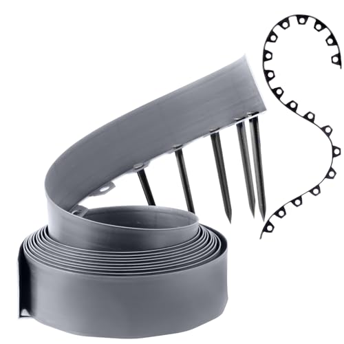 GARDENIX Flexible Rasenkante Kunststoff - Grau, 10 m, 20 Erdanker, 10 cm Höhe Wetterbeständige Rasenabgrenzung Beeteinfassung Rund - Blumenbeet Umrandung - für Gärten und Mähroboter