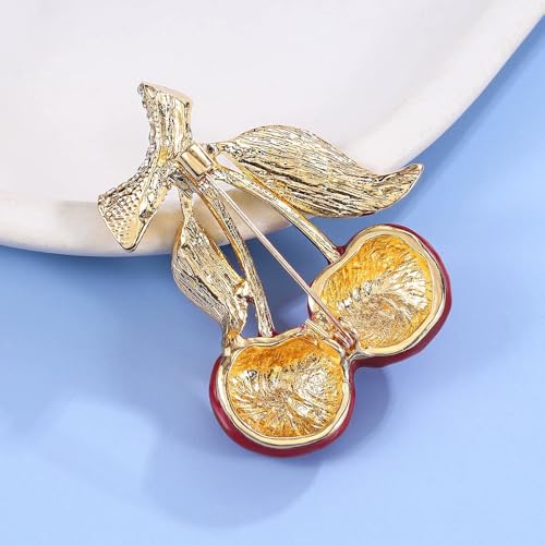 Image of Cute Cherry Rhinestone Fruit Brooch Pin for Women Gold Plated Red Green Enamel Leaf Brooches Lapel Pins Dainty Dress Accessories Jewelry for Hat Bag Suit Tie