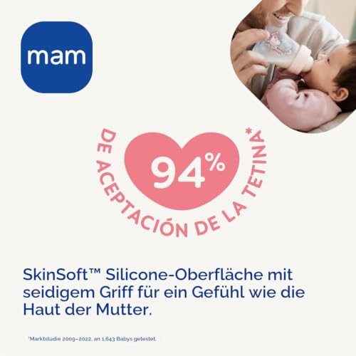 MAM Glasflasche, 2-4 Monate, 260 ml, mit Sauger 2 mit mittlerem Durchfluss aus Silikon, leicht zu reinigen, Blau, 1 Stück – Ansicht 3