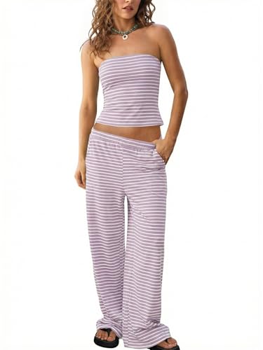 Tankaneo Womens Striped 2 Piece Set Summer Tube Tops Pants Matching Sets