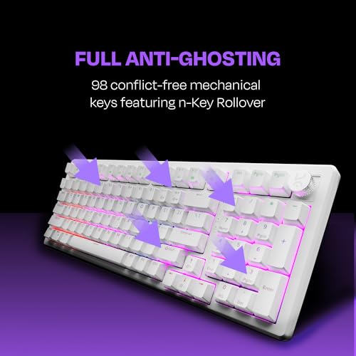 Image of Kreo Hive Full-Size Gaming Keyboard with 98-Key Design, Outemu Switches, Metal Volume Knob Customizable RGB, Case Foam, RGB, Brown Switch, 3 Colour keycap, White-Purple (White, Red Switch)