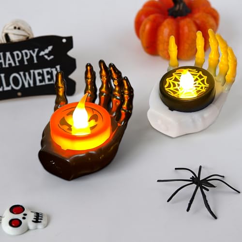 Image of YBB 12Pcs Halloween Skeleton Hands Candle Tea Lights, Novelty LED Flameless Skull Ghost Hand Lamps for Halloween Party Table Home Spooky Decor