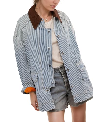 Kedera Damen-Jeansjacke, übergroß, gestreift, Denim-Jacke, langärmelig, Knopfleiste, modisch, Herbst-Shacket Scheunenmantel 2024, Blau, Medium