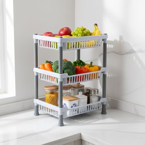Image of Oblivion 3 Layer Kitchen Storage Rack 1 Pc - Multiuse Kitchen Organiser Rack - Space-Saving Vertical Organizer for Vegetables, Fruits, Utensils & Pantry Essentials, Durable Metal Storage Stand