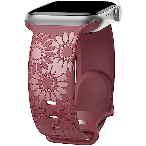 Image of Sunflower Engraved Band Compatible with Apple Watch Bands 38mm 40mm 41mm 42mm 44mm 45mm 49mm Women, Designer Soft Glossy Floral Silicone Strap for iWatch Series Ultra 11 10 9 8 7 6 SE 5 4 3 2 1