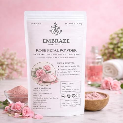 Image of Embrace Organics Rose Petal Powder for Skin Care | 100% Pure Natural Face Pack | Hydrating, Soothing & Skin Brightening | Herbal Powder for Glowing Skin (100g)